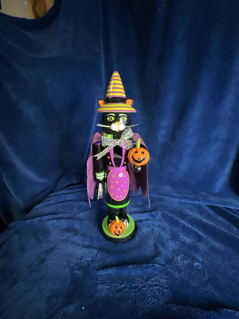 HomeGoods Halloween Nutcracker Black Witch Cat with Pumpkins and Purple Cape
